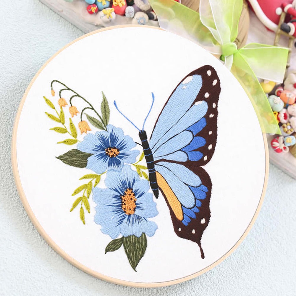 Butterfly - DIY Embroidery Cross Stitch Kit with Pattern Cotton Threads Needles Hoop 30x30CM/11.81x11.81in