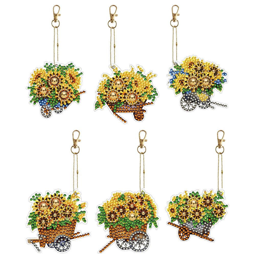 6PCS Double Sided Special Shape Diamond Painting Keychain (Sunflower Buggy)