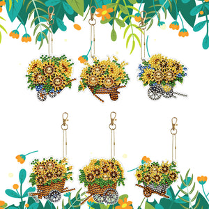 6PCS Double Sided Special Shape Diamond Painting Keychain (Sunflower Buggy)