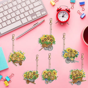 6PCS Double Sided Special Shape Diamond Painting Keychain (Sunflower Buggy)