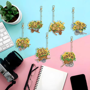 6PCS Double Sided Special Shape Diamond Painting Keychain (Sunflower Buggy)