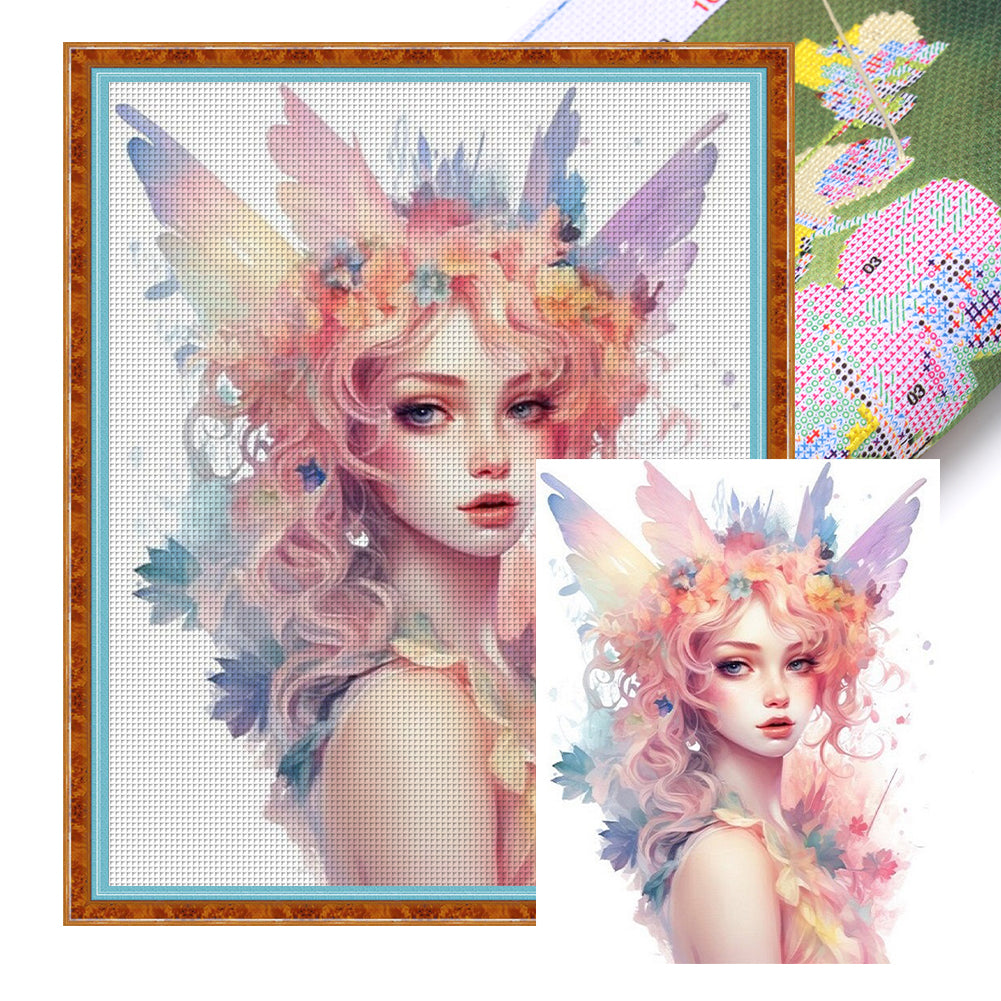 Yishu - Colorful Butterfly And Flower Girl - 50*60CM 11CT 3 Stamped Cross Stitch