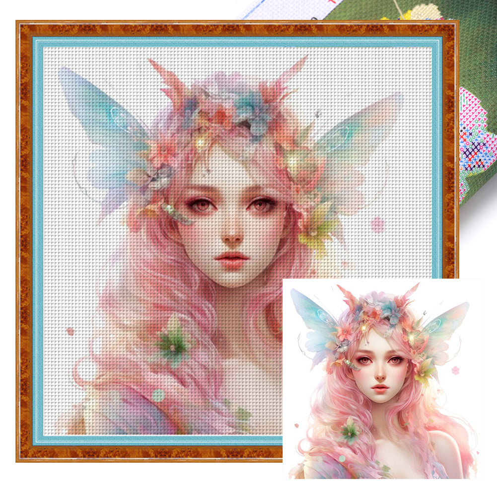 Yishu - Colorful Butterfly And Flower Girl - 50*50CM 11CT 3 Stamped Cross Stitch