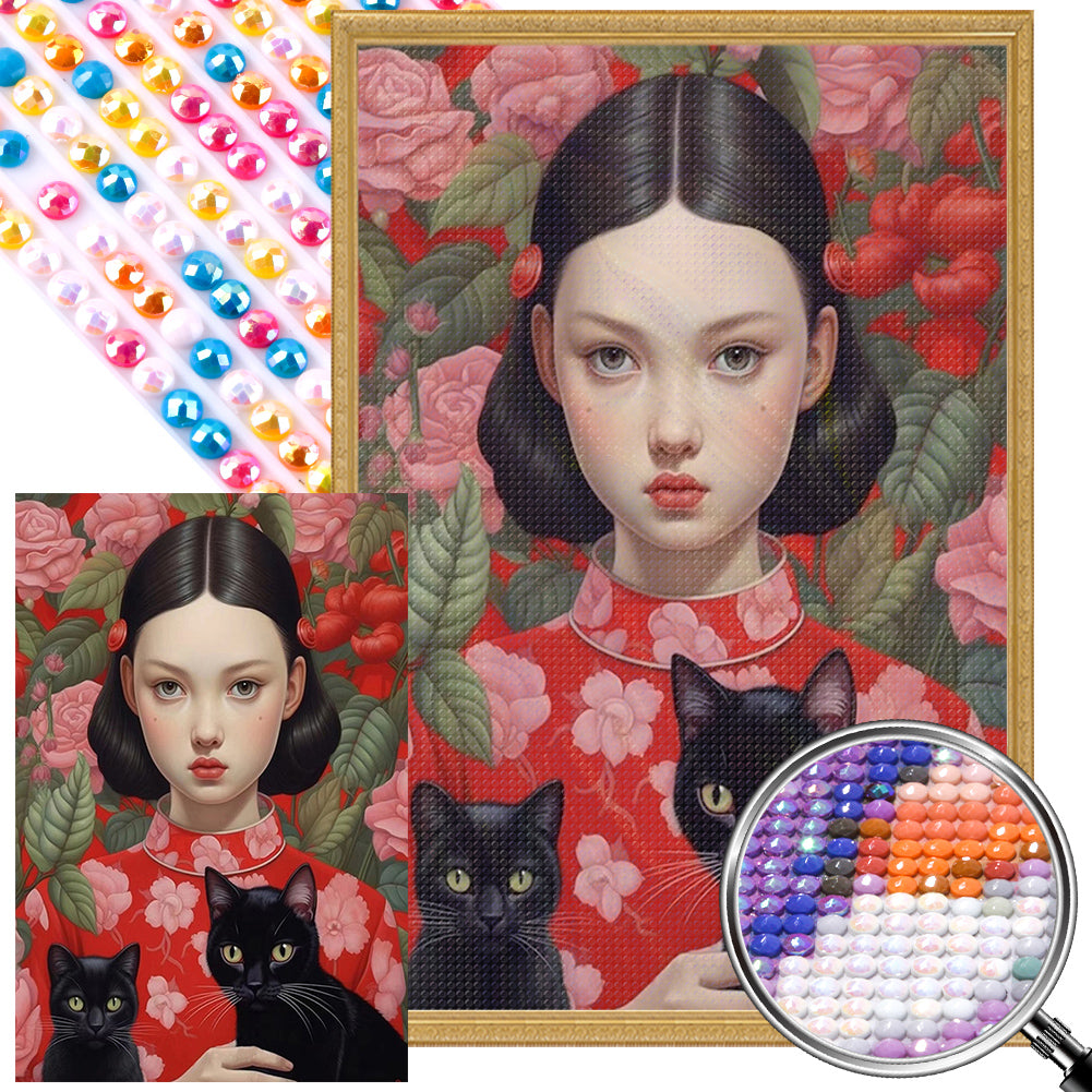 Black-Haired Girl And Cat 40*60CM(Picture) Full Round Drill Diamond Painting