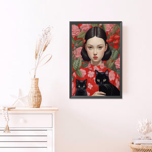 Black-Haired Girl And Cat 40*60CM(Picture) Full Round Drill Diamond Painting
