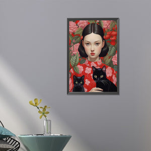 Black-Haired Girl And Cat 40*60CM(Picture) Full Round Drill Diamond Painting