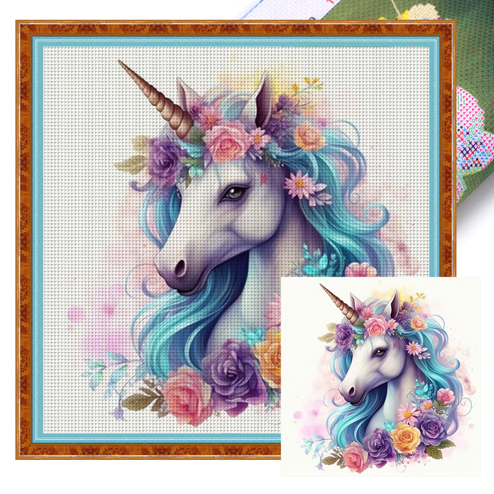 Huancan - Flower Unicorn - 50*50CM 14CT 2 Stamped Cross Stitch