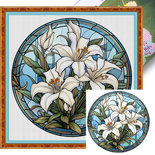 Glass Painting - Lily - Full 18CT Stamped Cross Stitch 25x25CM - Huacan