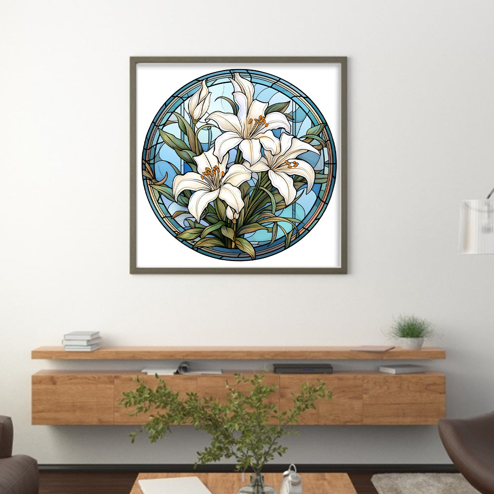 Glass Painting - Lily - Full 18CT Stamped Cross Stitch 25x25CM - Huacan