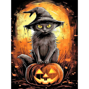 Black Cat And Jack-O'-Lantern 30*40CM(Canvas) Full Round Drill Diamond Painting