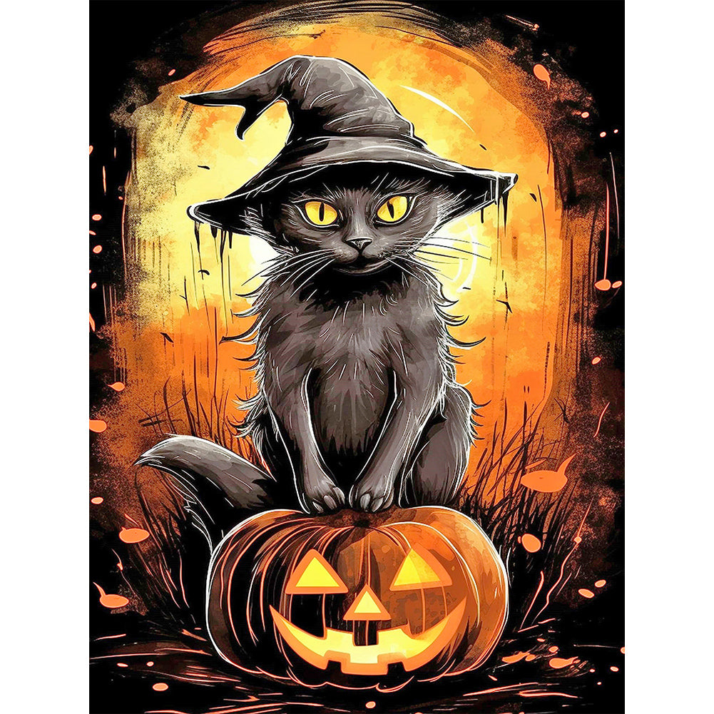 Black Cat And Jack-O'-Lantern 30*40CM(Canvas) Full Round Drill Diamond Painting