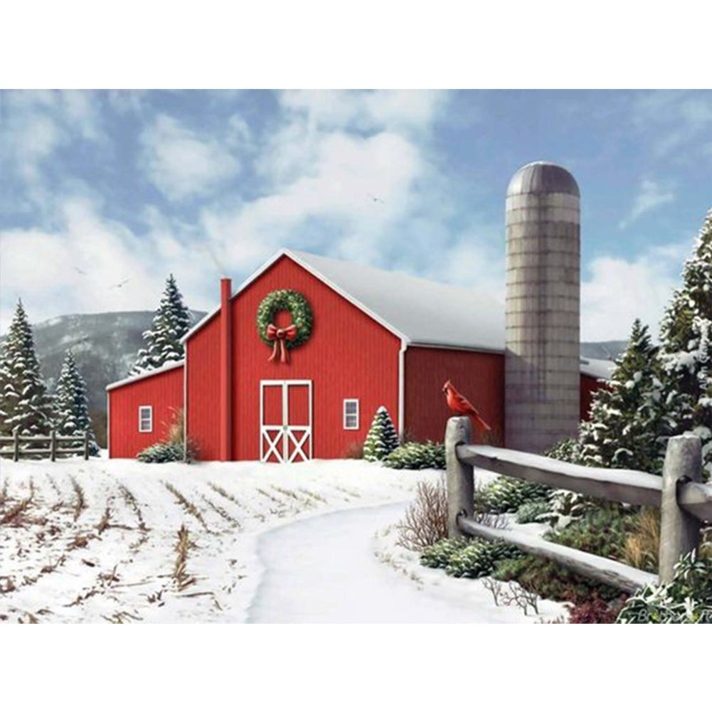 Red House In Snow Scene 40*30CM(Canvas) Full Round Drill Diamond Painting