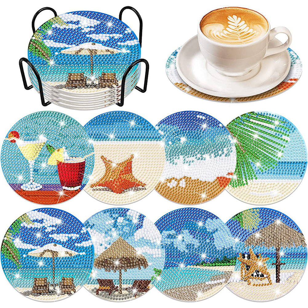 8PCS Wood Special Shape Diamond Painting Art Coaster Kit (Beach Holiday)