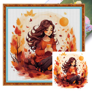 Huancan - Maple Leaf Girl - 50*50CM 11CT 3 Stamped Cross Stitch