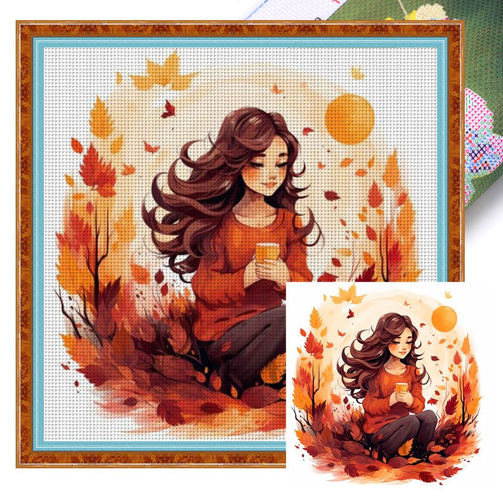 Huancan - Maple Leaf Girl - 50*50CM 11CT 3 Stamped Cross Stitch