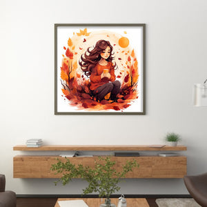 Huancan - Maple Leaf Girl - 50*50CM 11CT 3 Stamped Cross Stitch