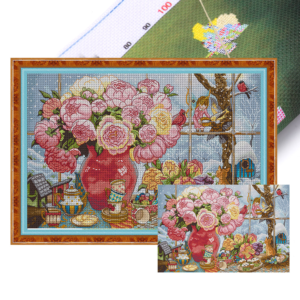 Joy Sunday - Peony And Elves - 57*38CM 14CT 2 Stamped Cross Stitch