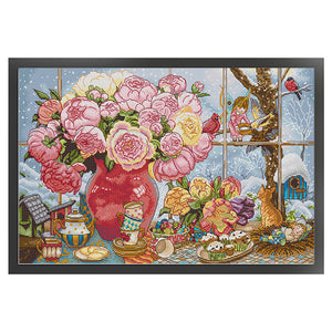 Joy Sunday - Peony And Elves - 57*38CM 14CT 2 Stamped Cross Stitch