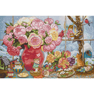 Joy Sunday - Peony And Elves - 57*38CM 14CT 2 Stamped Cross Stitch