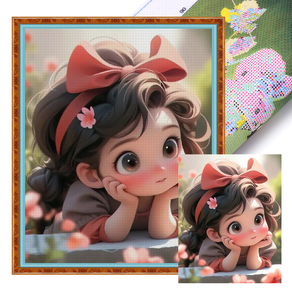 DIY - Little Girl With A Red Bow - 40*50CM 11CT 3 Stamped Cross Stitch