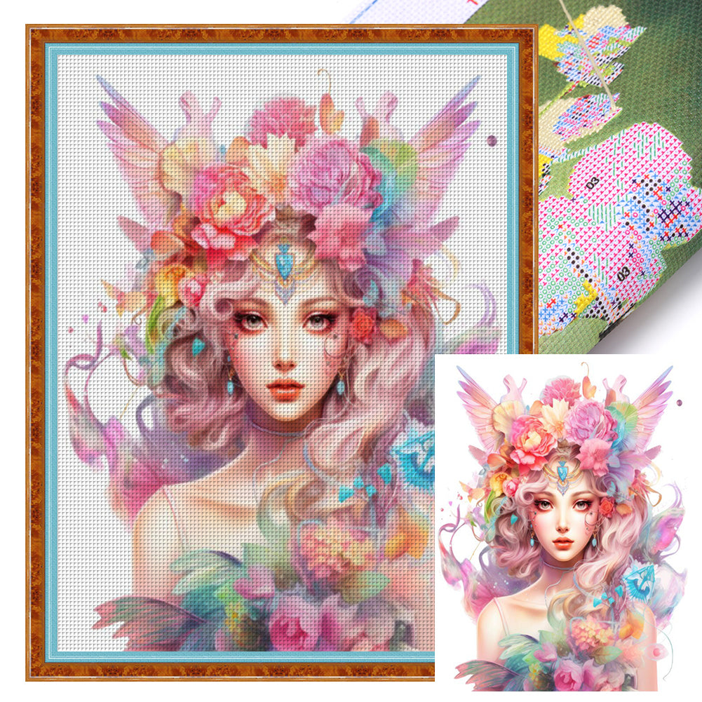 Huancan - Girl With Flowers - 50*65CM 11CT 3 Stamped Cross Stitch