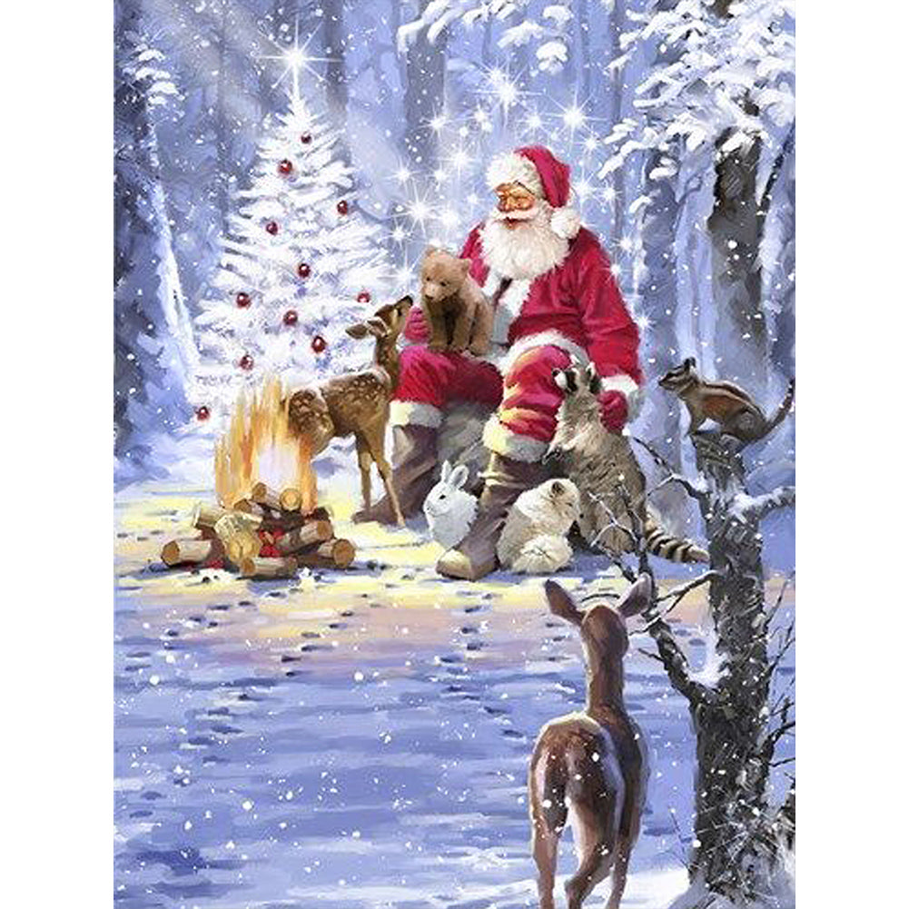 Christmas Santa Claus And Small Animals 30*40CM(Canvas) Full Round Drill Diamond Painting