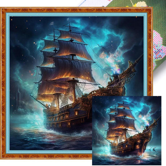 Sailing Boat On Sea - Full 11CT Stamped Cross Stitch 40x40CM - Yishu