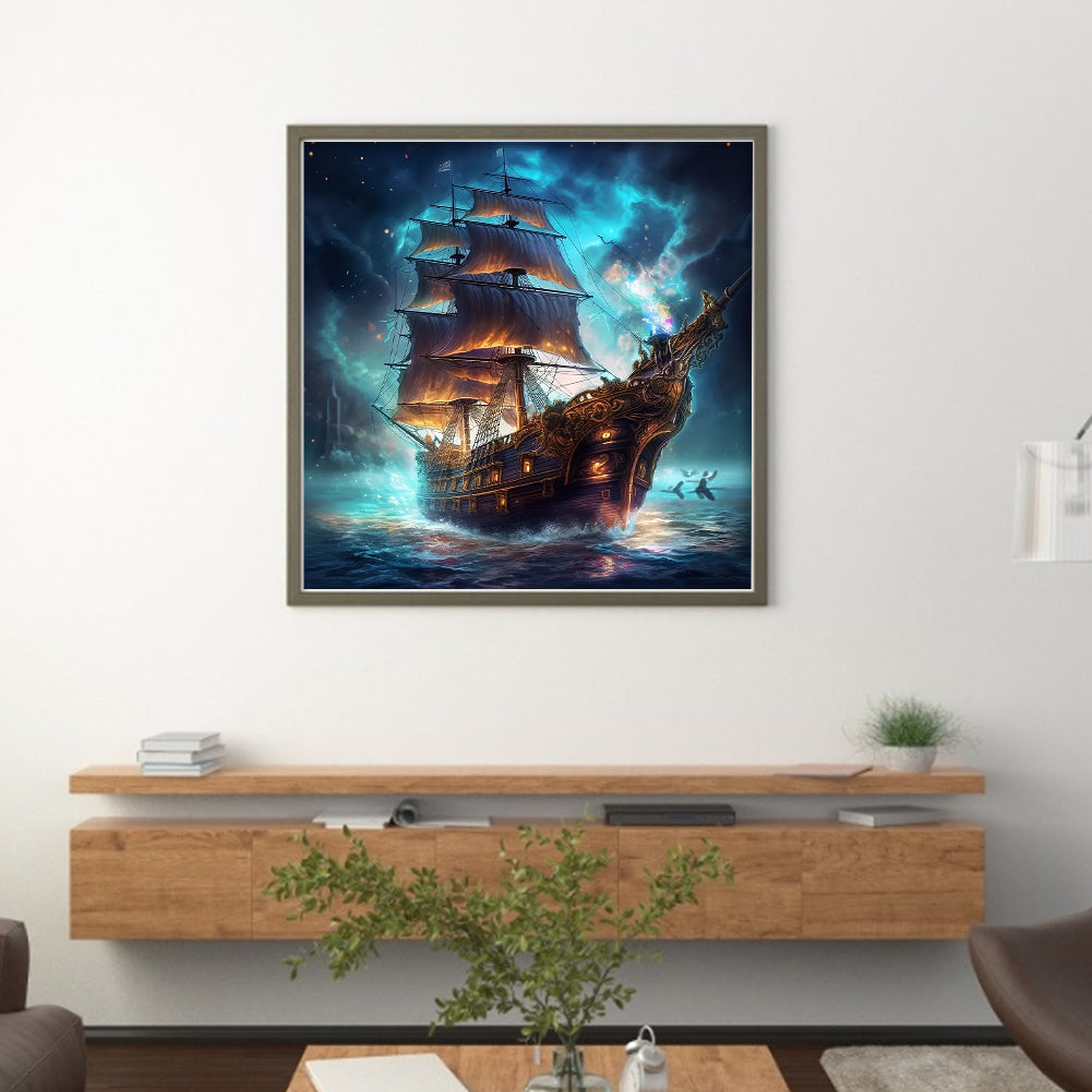 Sailing Boat On Sea - Full 11CT Stamped Cross Stitch 40x40CM - Yishu