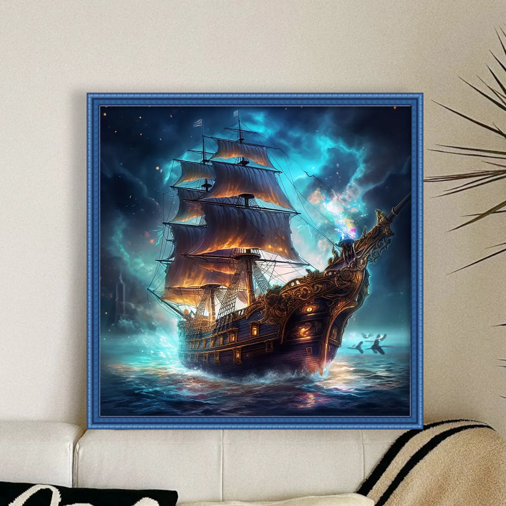 Sailing Boat On Sea - Full 11CT Stamped Cross Stitch 40x40CM - Yishu