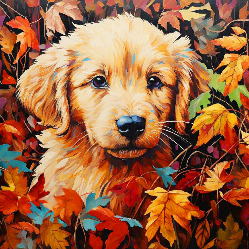 Puppy With Maple Leaves 40*40CM(Canvas) Full Round Drill Diamond Painting