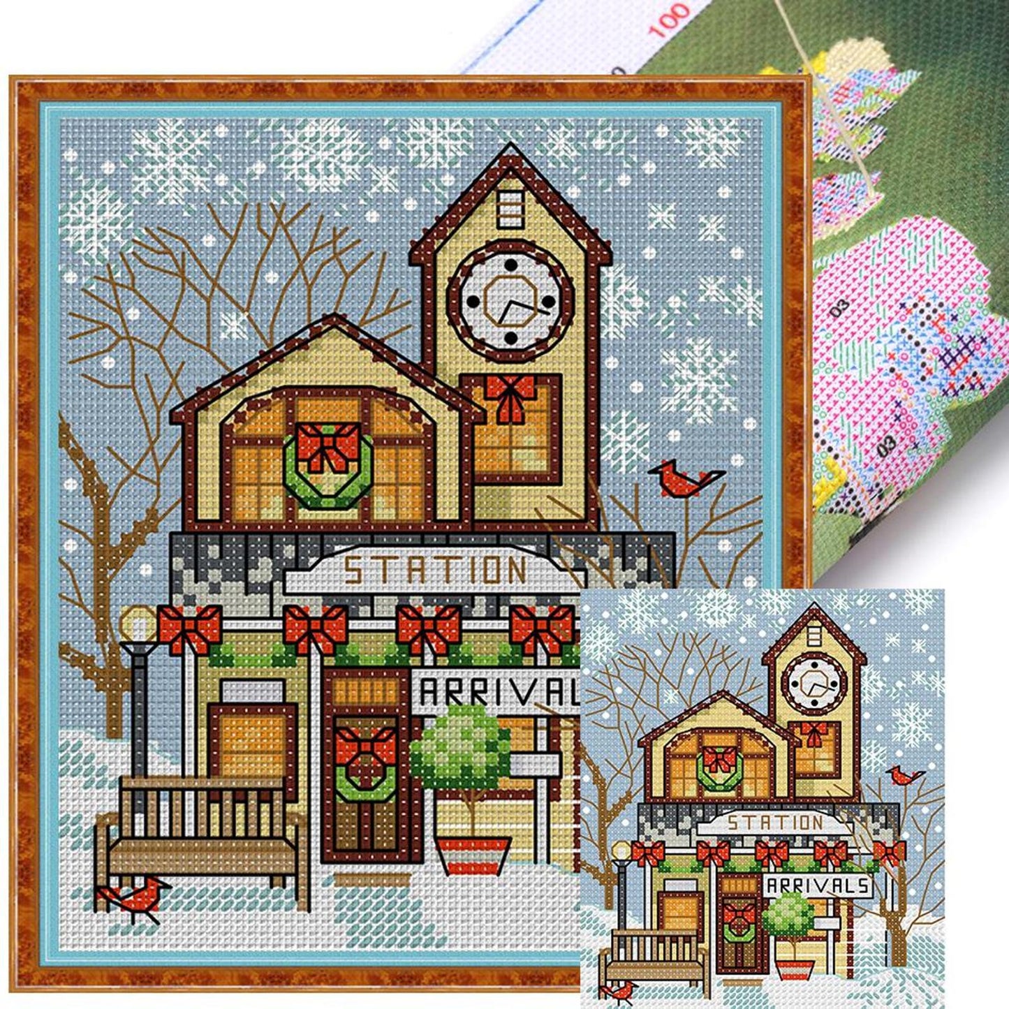 Christmas Cabin - Full 14CT Stamped Cross Stitch 15x17CM - Joy Sunday Backstitch
