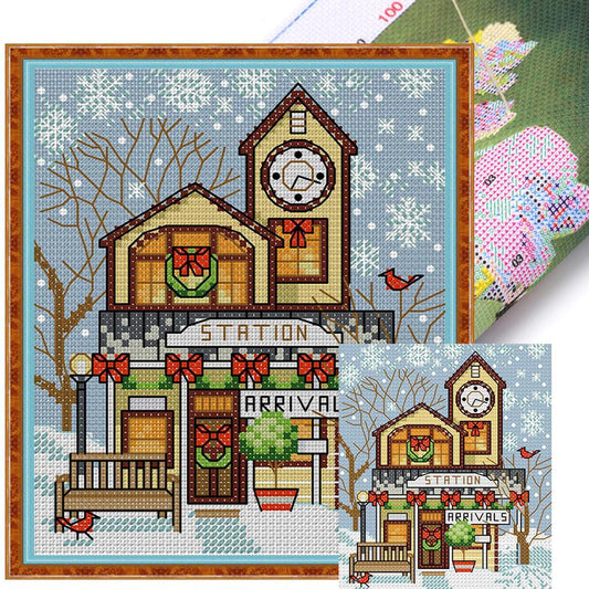 Christmas Cabin - Full 14CT Stamped Cross Stitch 15x17CM - Joy Sunday Backstitch