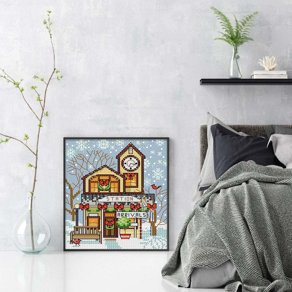 Christmas Cabin - Full 14CT Stamped Cross Stitch 15x17CM - Joy Sunday Backstitch
