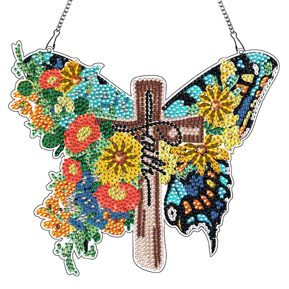 Round DIY Diamond Painting Ornaments for Home Wall Decor (Butterfly Cross 4)
