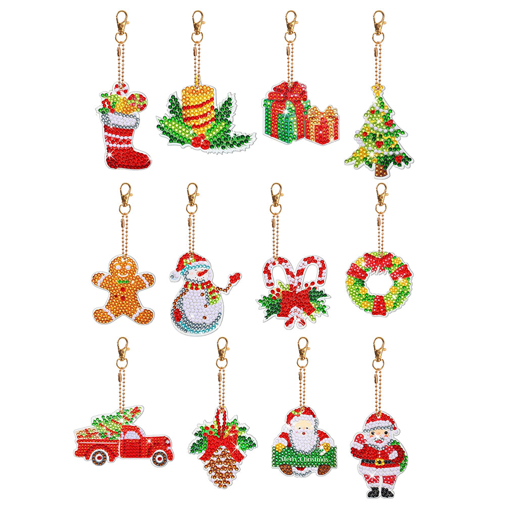 12PCS Christmas Santa Full Drill Keyring for Christmas Home Party Decor