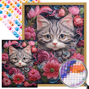 Cat With Flowers 30*40CM(Picture) Full Round Drill Diamond Painting