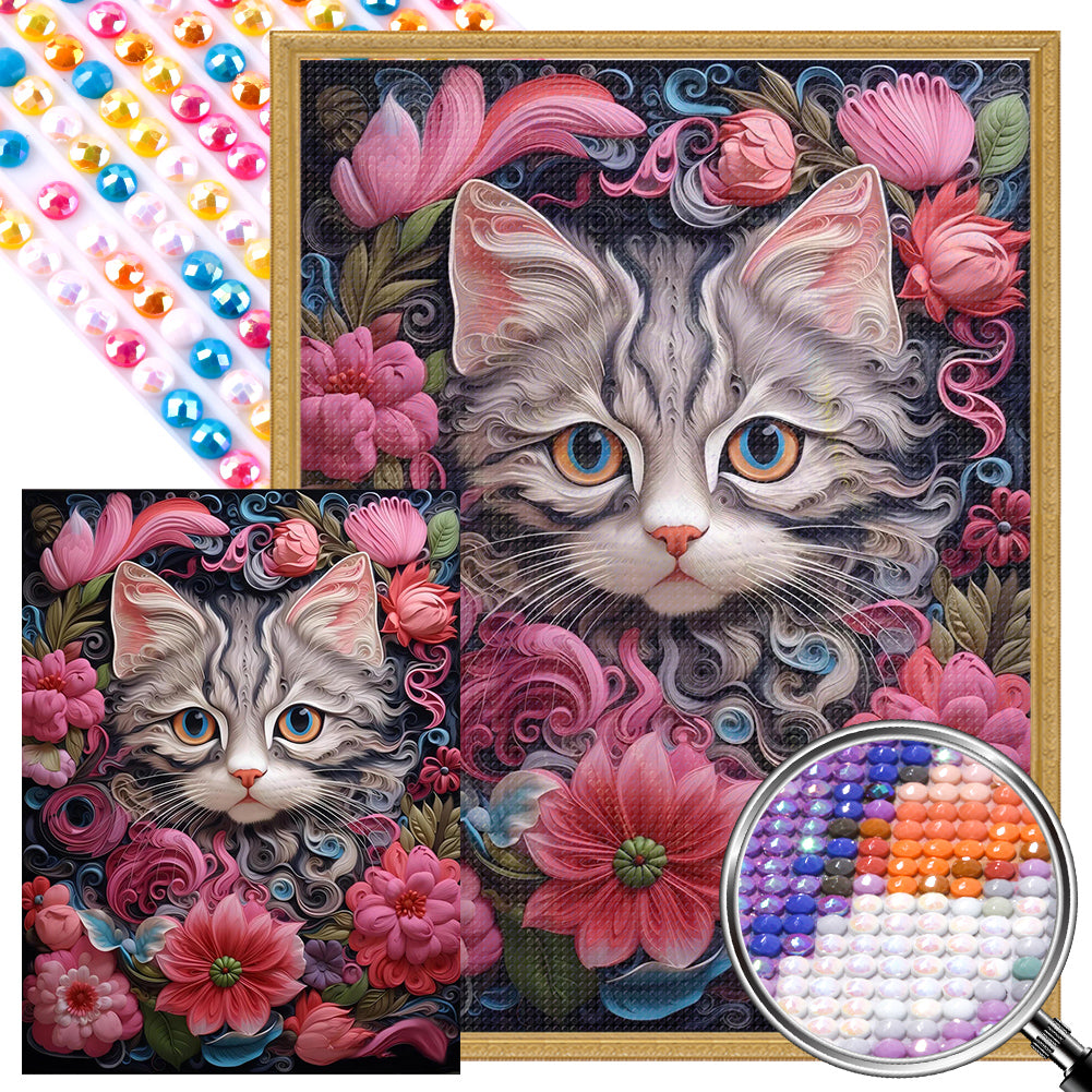 Cat With Flowers 30*40CM(Picture) Full Round Drill Diamond Painting