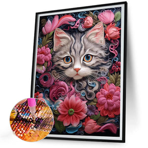 Cat With Flowers 30*40CM(Picture) Full Round Drill Diamond Painting