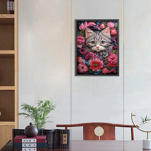 Cat With Flowers 30*40CM(Picture) Full Round Drill Diamond Painting