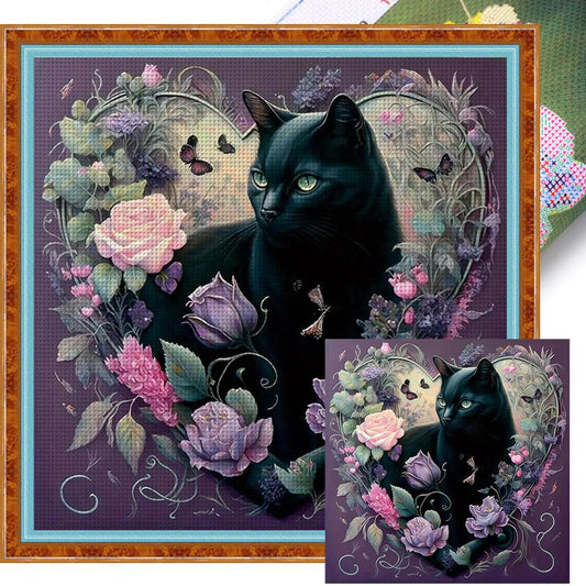 Fresh Flowers And Black Cat - Full 11CT Stamped Cross Stitch 40x40CM - Yishu