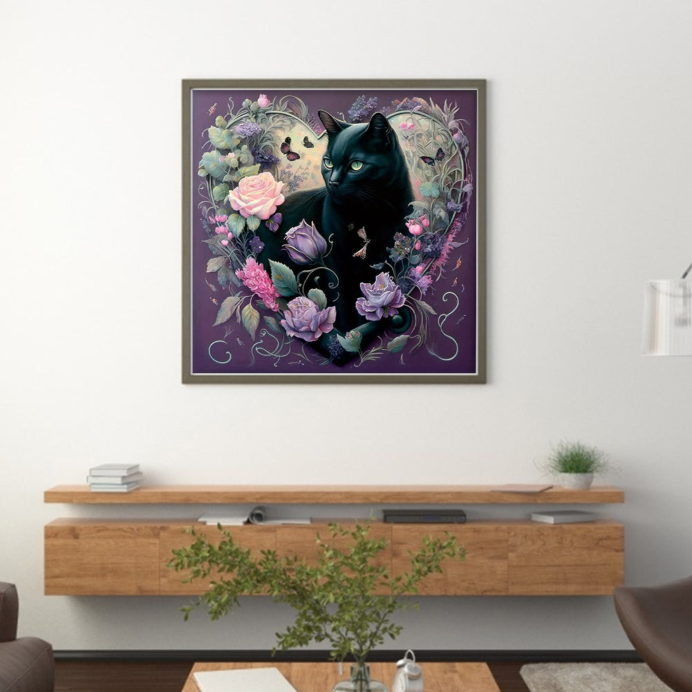Fresh Flowers And Black Cat - Full 11CT Stamped Cross Stitch 40x40CM - Yishu