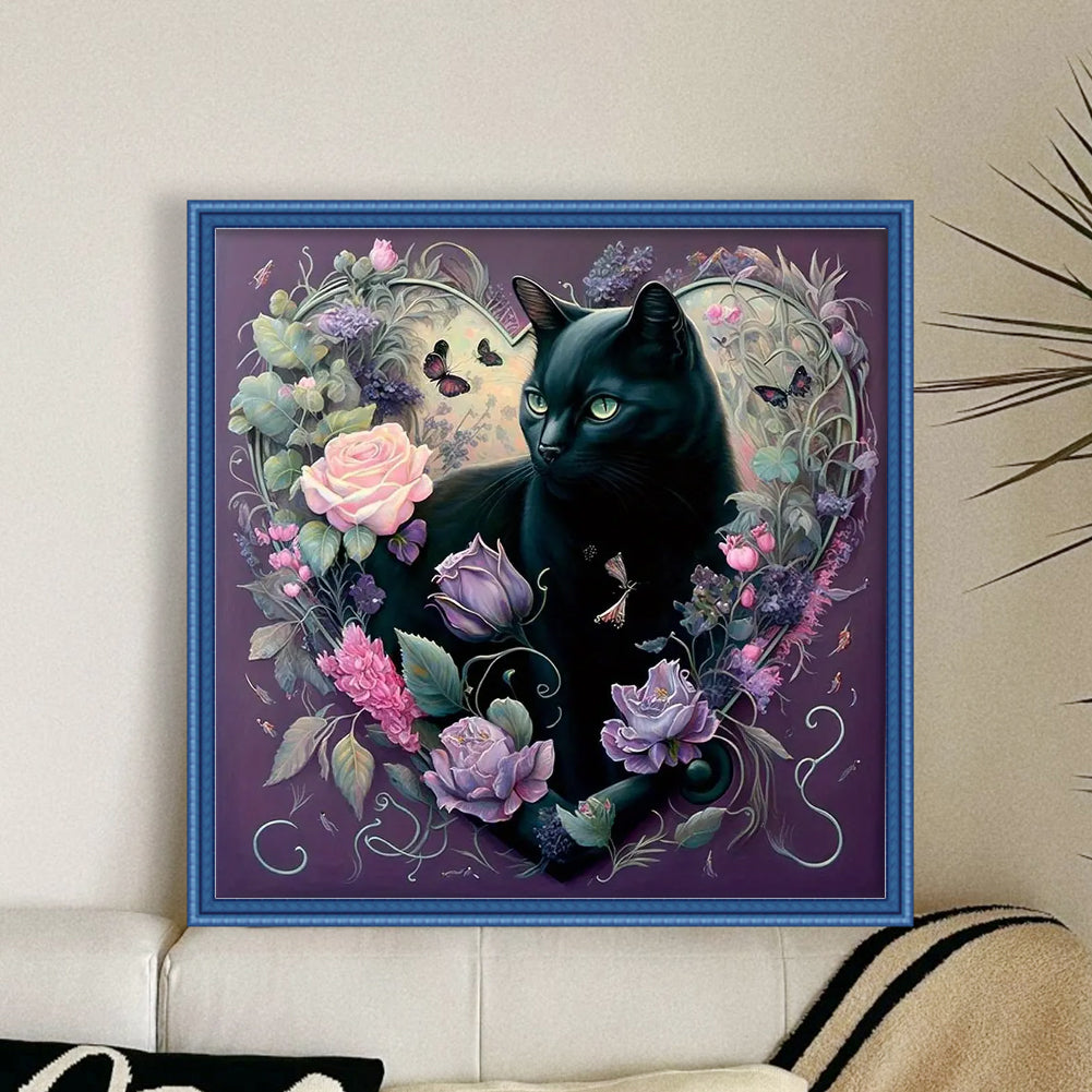 Fresh Flowers And Black Cat - Full 11CT Stamped Cross Stitch 40x40CM - Yishu