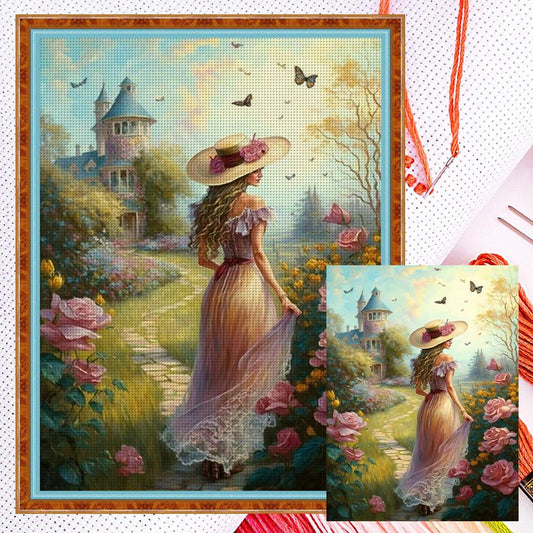 Girl In Castle Garden - Full 11CT Counted Cross Stitch 40x55CM - Huacan