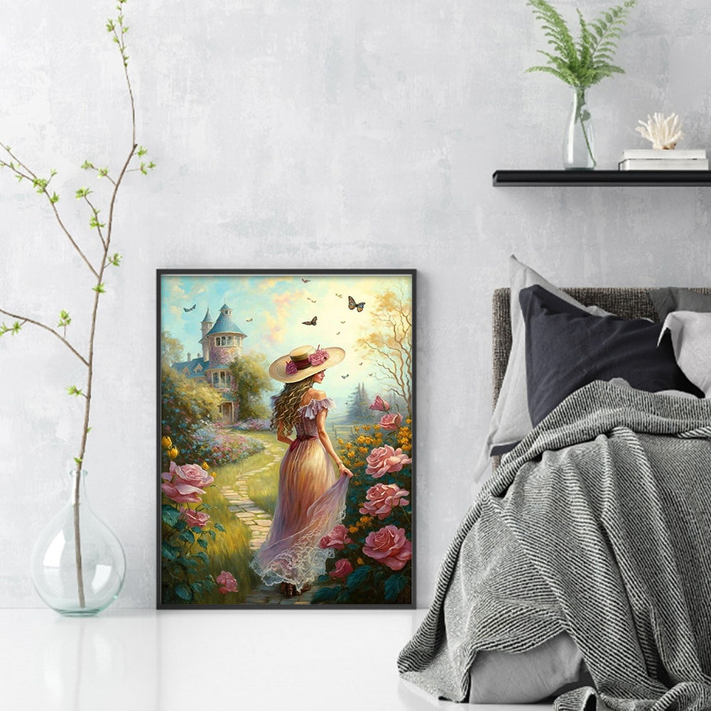 Girl In Castle Garden - Full 11CT Counted Cross Stitch 40x55CM - Huacan