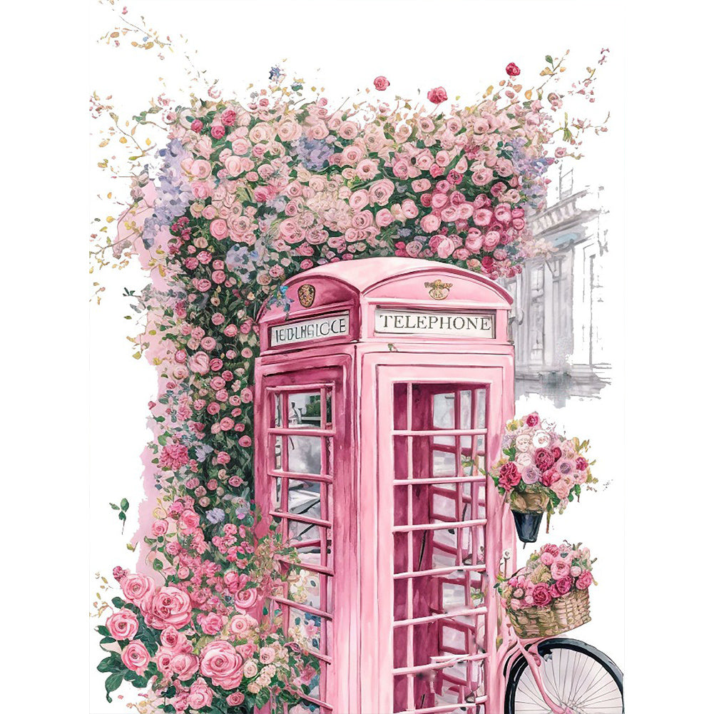 Pink Flower Telephone Booth 30*40CM(Canvas) Full Round Drill Diamond Painting