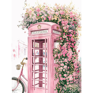 Pink Flower Telephone Booth 30*40CM(Canvas) Full Round Drill Diamond Painting