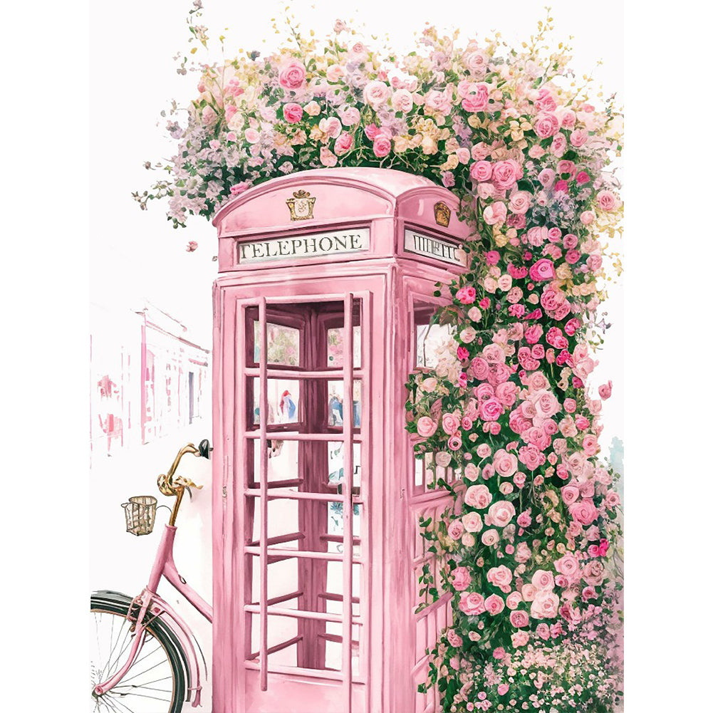 Pink Flower Telephone Booth 30*40CM(Canvas) Full Round Drill Diamond Painting