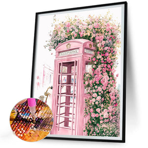 Pink Flower Telephone Booth 30*40CM(Canvas) Full Round Drill Diamond Painting