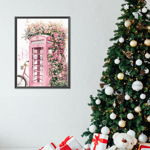Pink Flower Telephone Booth 30*40CM(Canvas) Full Round Drill Diamond Painting