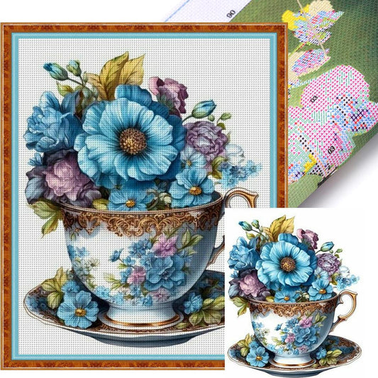 Fresh Flowers In Teacup - Full 18CT Stamped Cross Stitch 20x25CM - Huacan